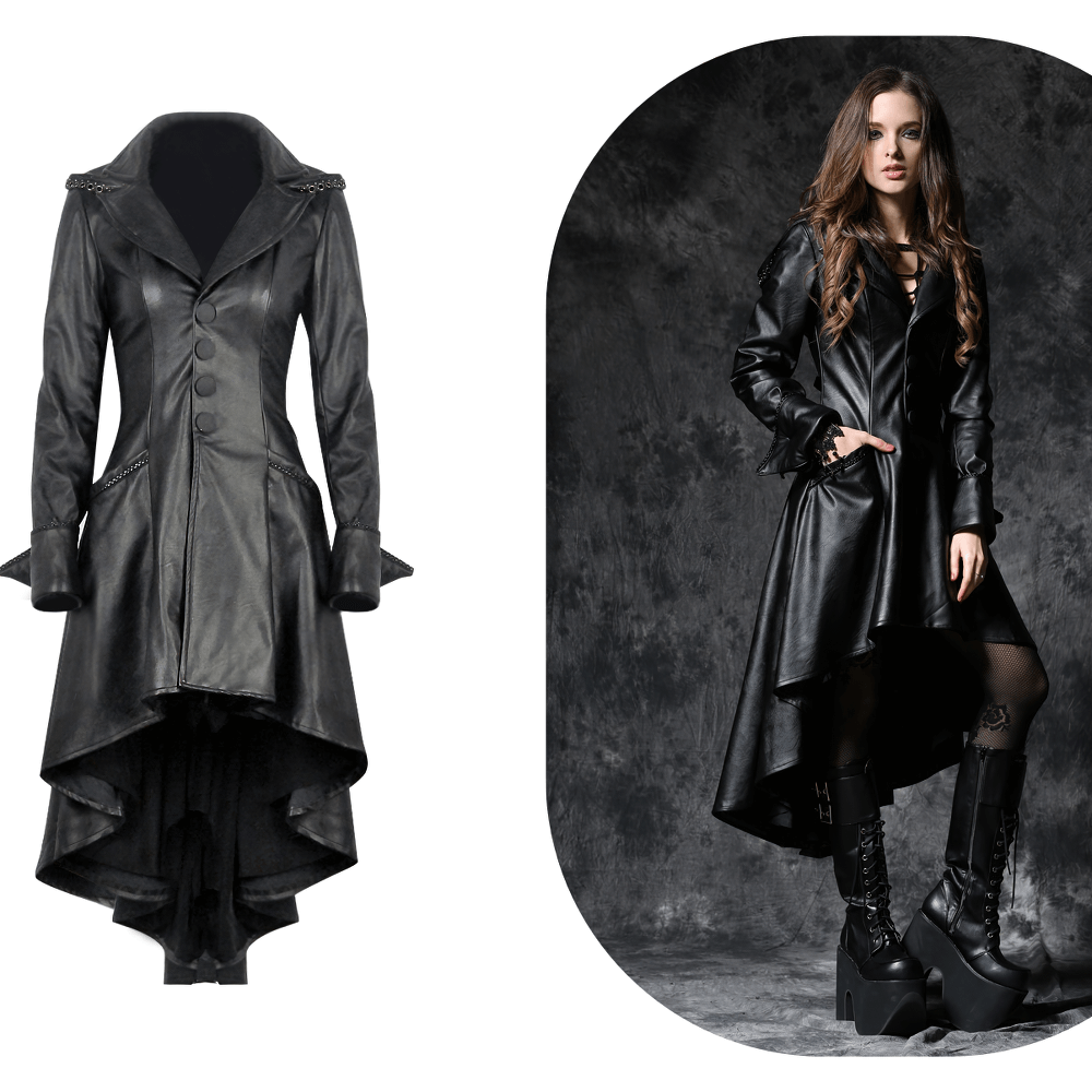 Gothic long tailcoat with hood and button front, perfect for steampunk fashion and bold alternative styles.