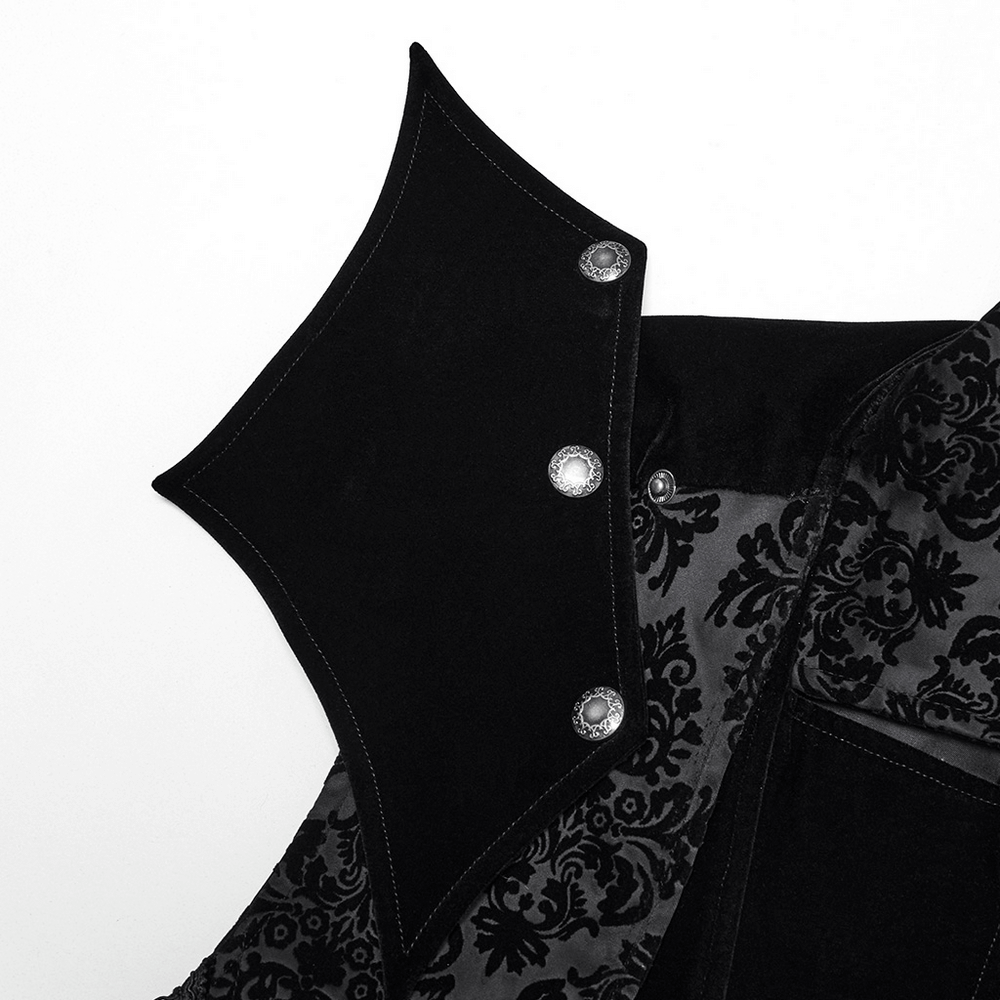 Detail of Gothic Long Waistcoat showing dramatic stand collar and detachable shoulder panels with ornate button accents.