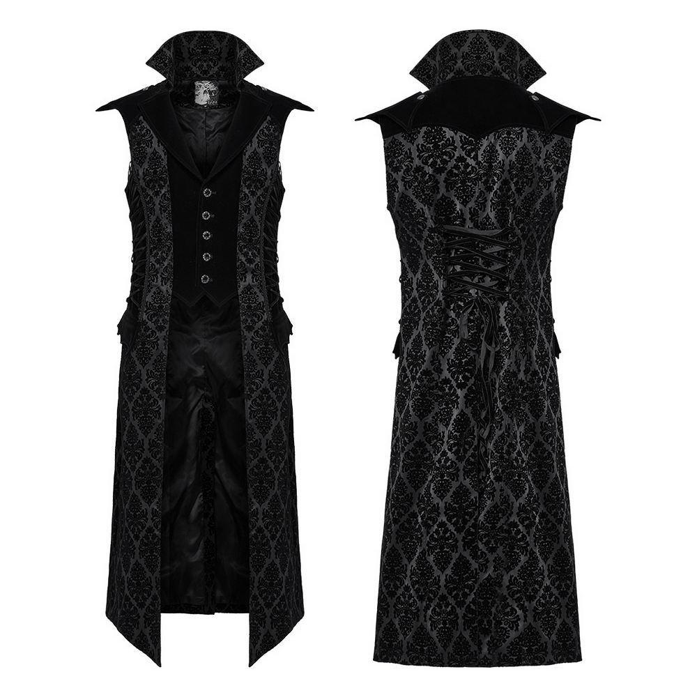 Black gothic long waistcoat with stand collar, velvet details, and detachable shoulder panels, showcasing intricate flocking patterns.