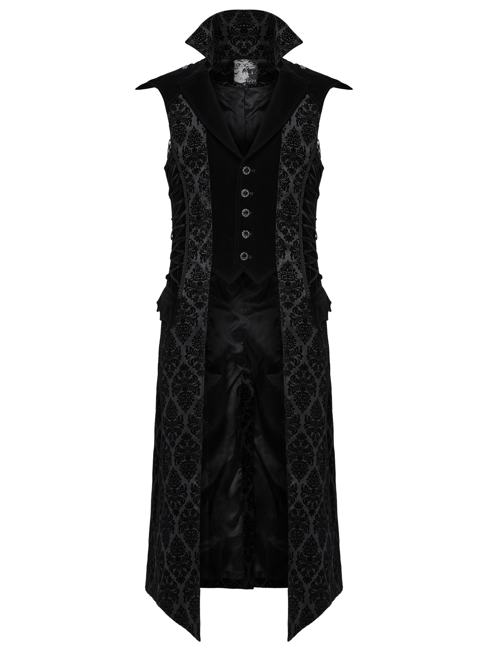 Gothic long waistcoat with stand collar, velvet details, and intricate flocking patterns for a retro look.