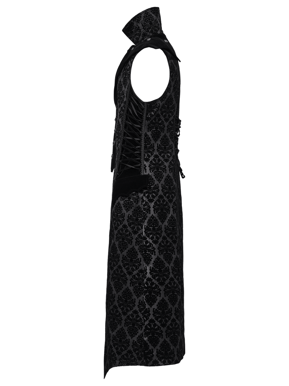 Gothic long waistcoat with stand collar, velvet details, and intricate flocking pattern, showcasing a stylish side view.