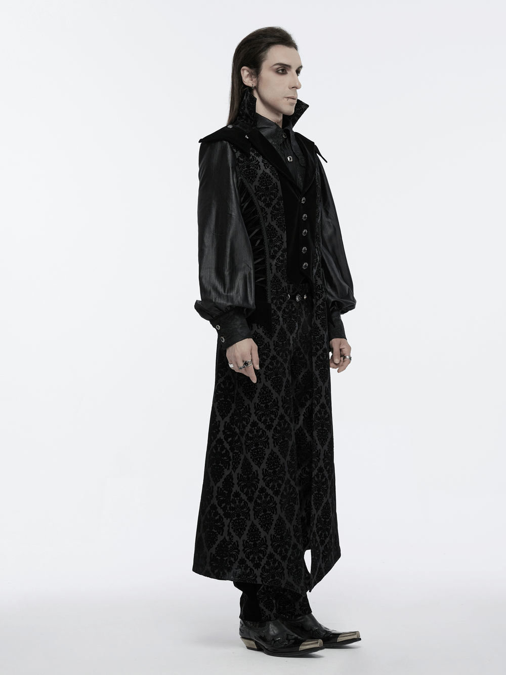 Gothic long waistcoat with stand collar and velvet details, featuring detachable shoulder panels and intricate flocking patterns.