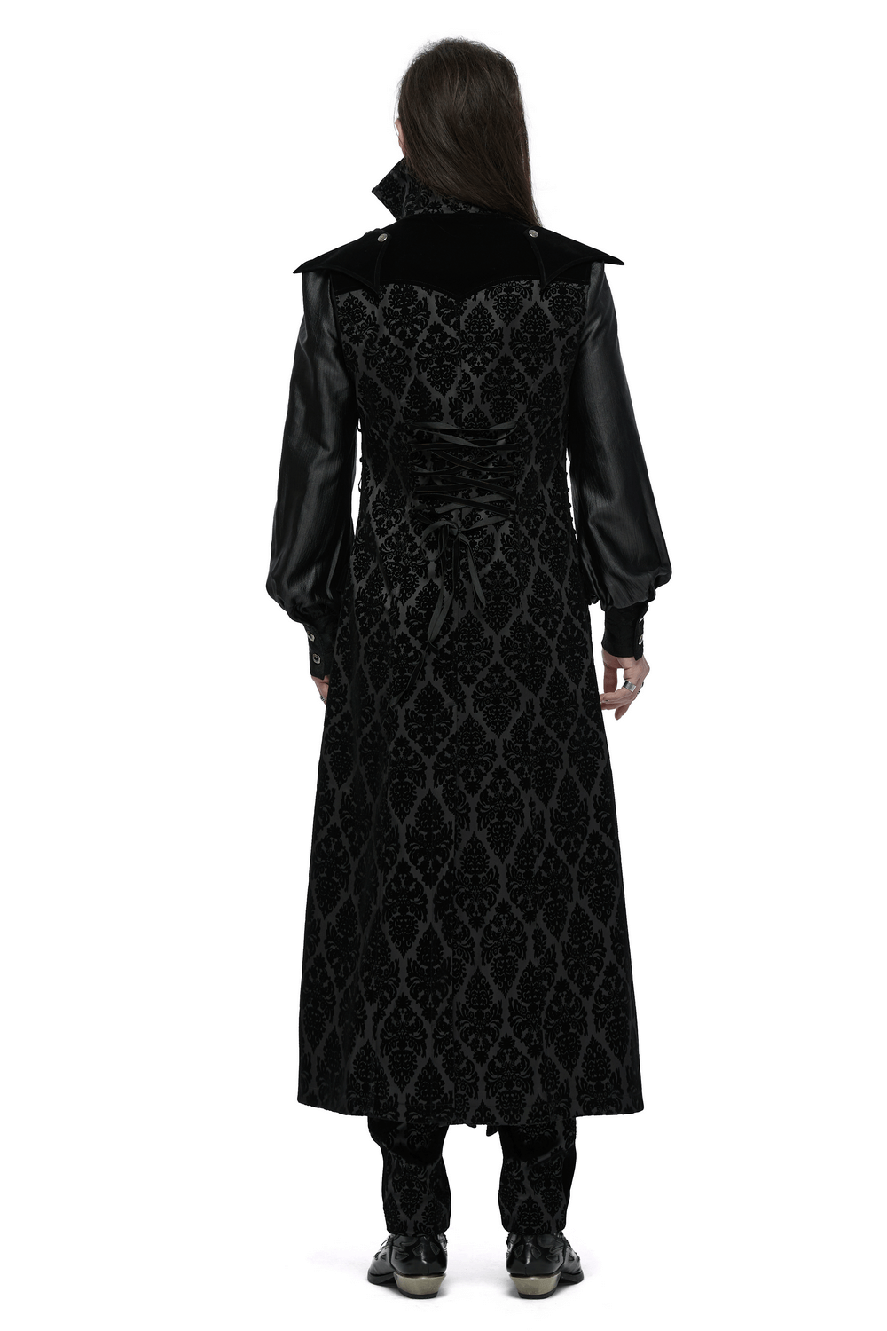 Back view of a gothic long waistcoat with velvet details and detachable shoulder panels, featuring intricate flocking patterns.