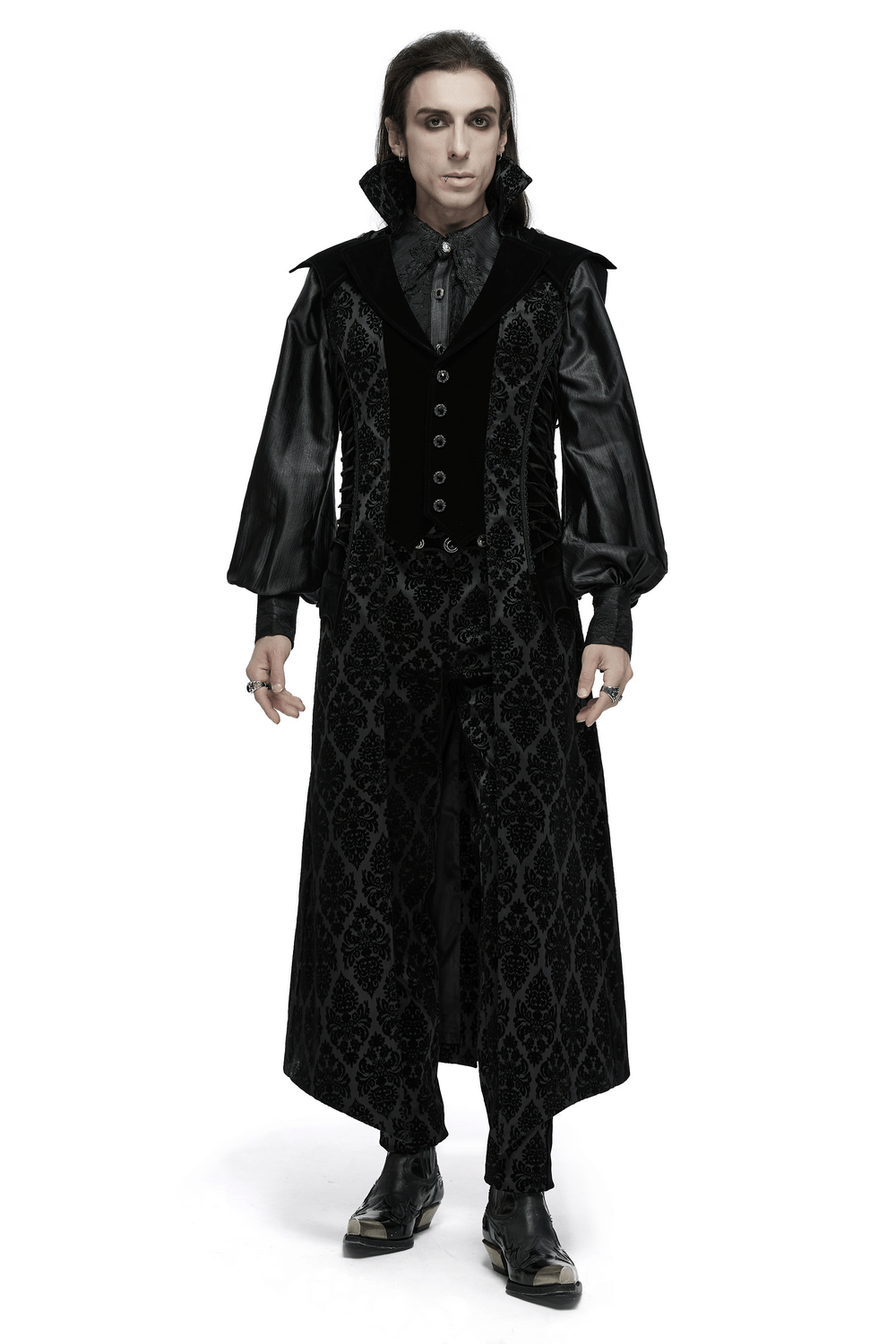 Retro Gothic long waistcoat with stand collar and velvet details, showcased on a model in a dark, dramatic outfit.