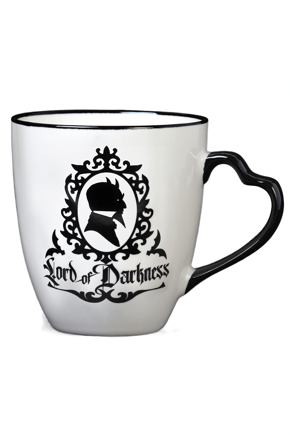 Gothic 'Lord of Darkness' mug with heart handle, featuring elegant artwork and black detailing.