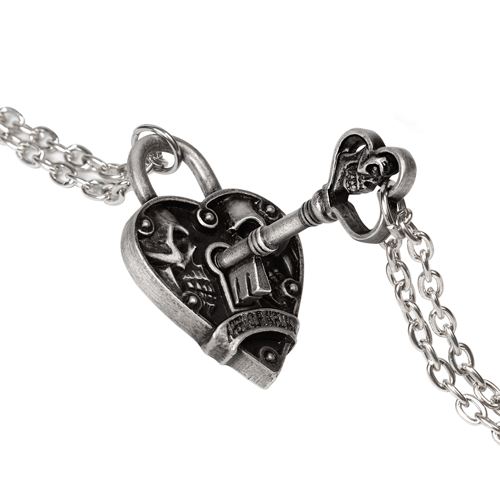 Gothic heart and key pendant for couples, featuring skull details and a padlock design, handcrafted in England.
