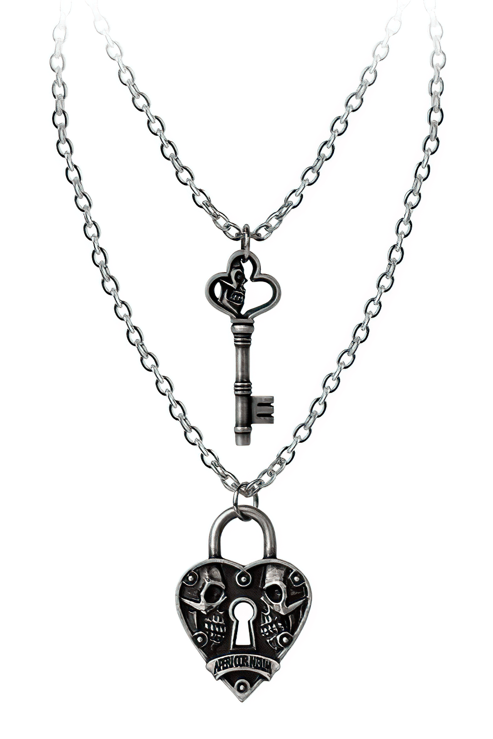 Gothic couples pendants featuring a skull key and heart-shaped padlock design, symbolizing eternal love.