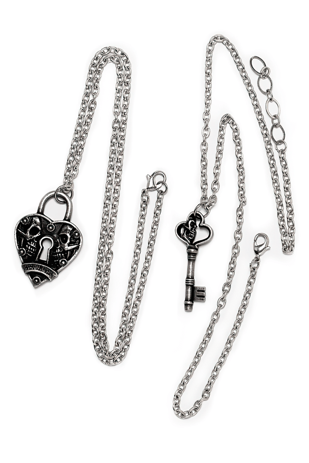Gothic love heart and key pendants set with hand-carved skull details, symbolizing eternal bond for couples.