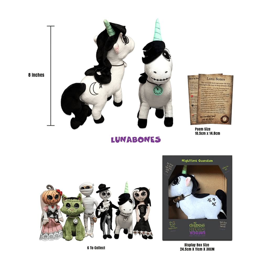 Gothic Lunabones Unicorn Halloween Guardian Plush, 8-inch spooky unicorn plush and collectible display.