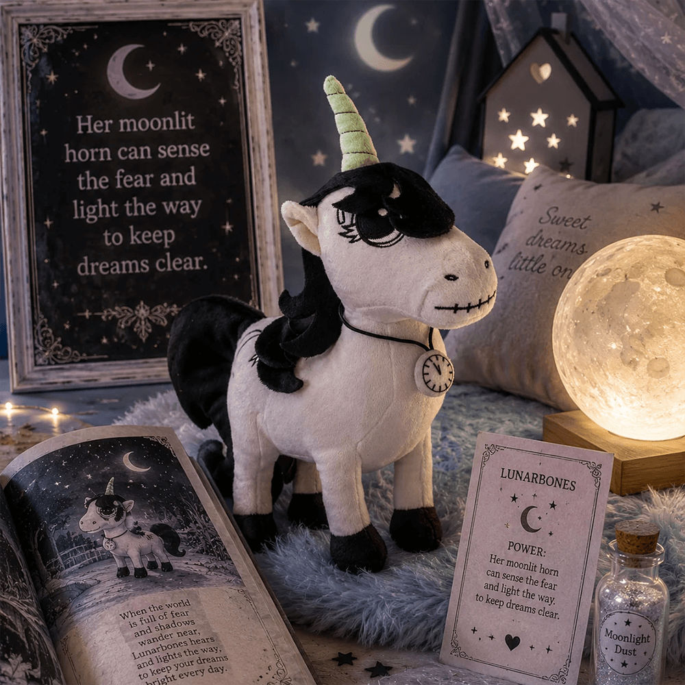 Gothic Lunabones Unicorn Halloween Guardian Plush in a cozy nighttime setting with moonlit decor.