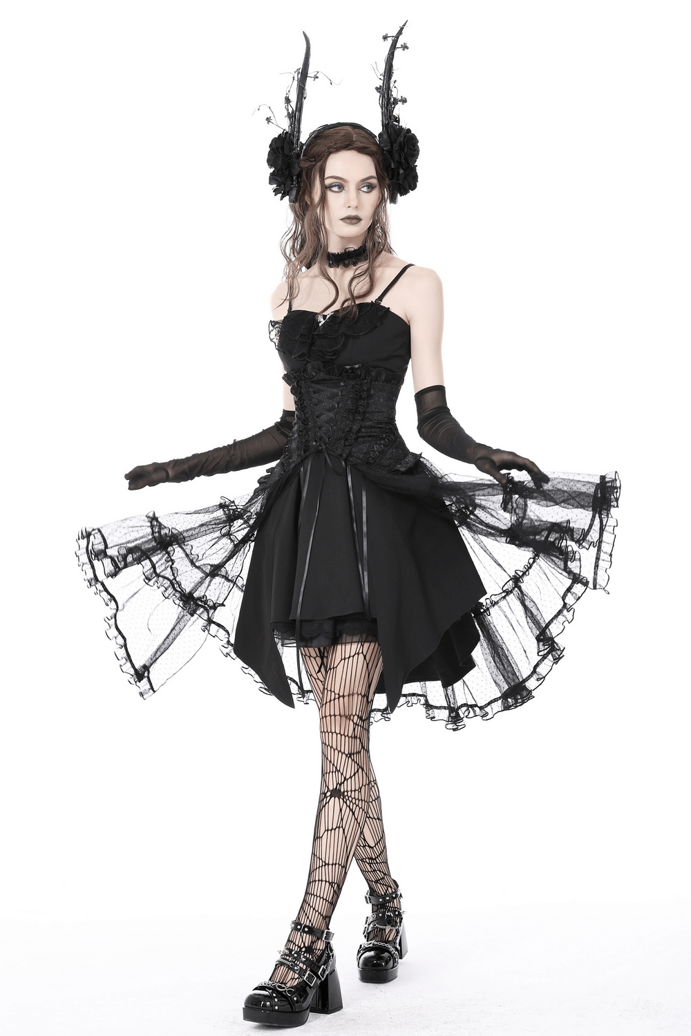 Gothic Luxe Mesh Skirt with Corset Belt for Women