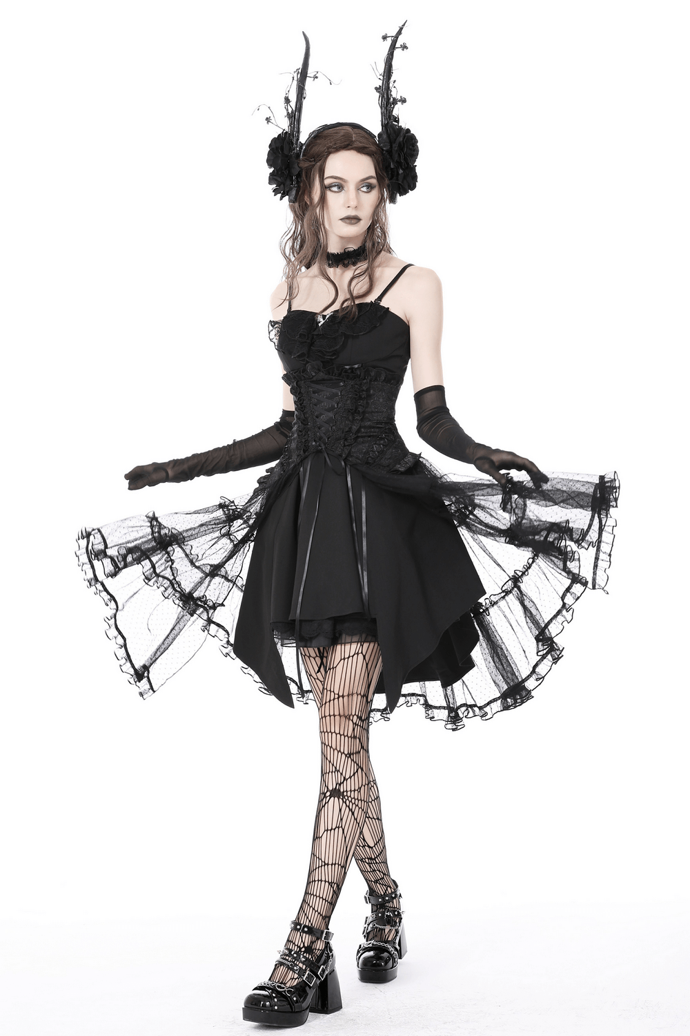 Gothic Luxe Mesh Skirt with Corset Belt, elegant black tulle skirt showcasing dramatic lace detailing and a flattering silhouette.