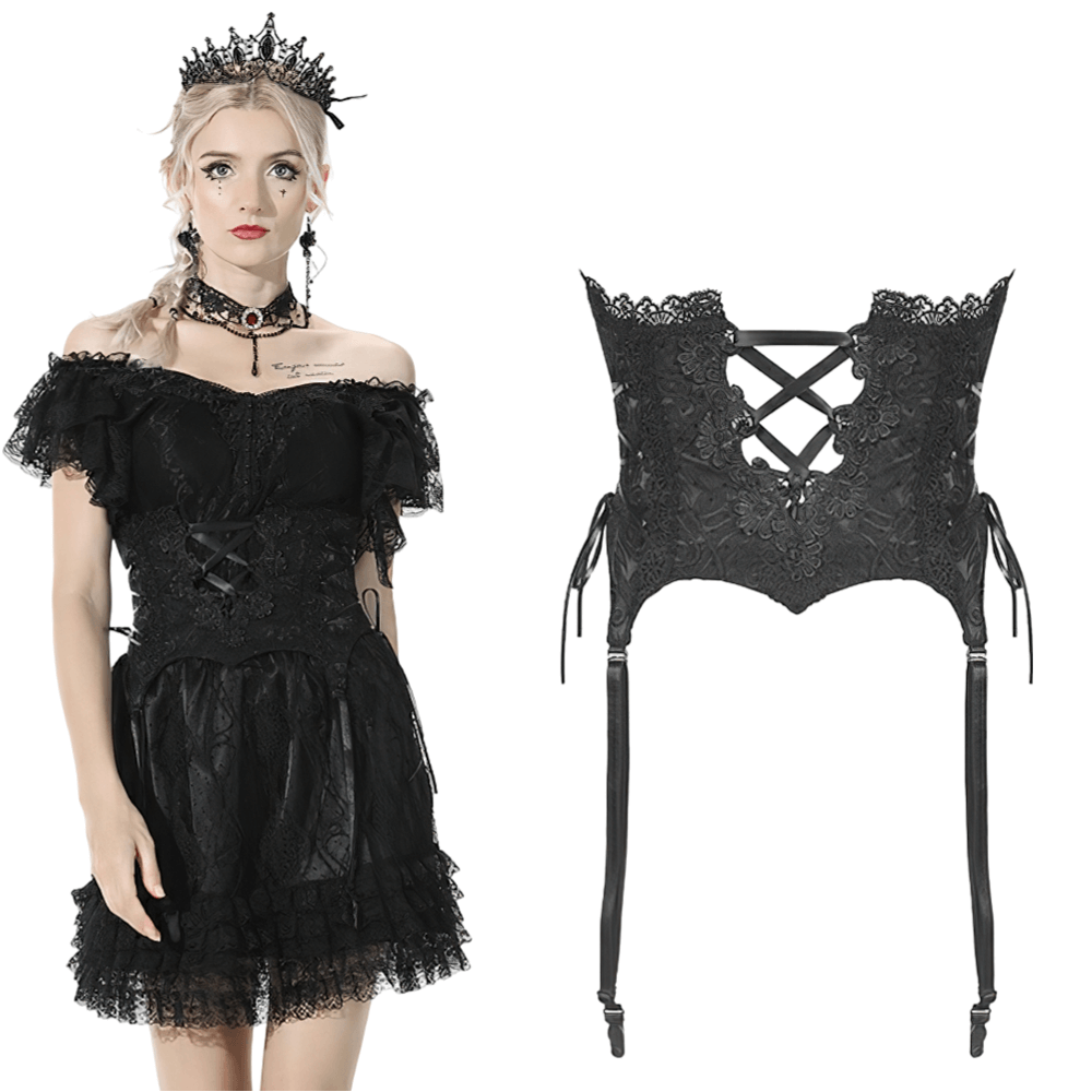Gothic Luxe black lace underbust corset with attached garters, perfect for enhancing your seductive style.