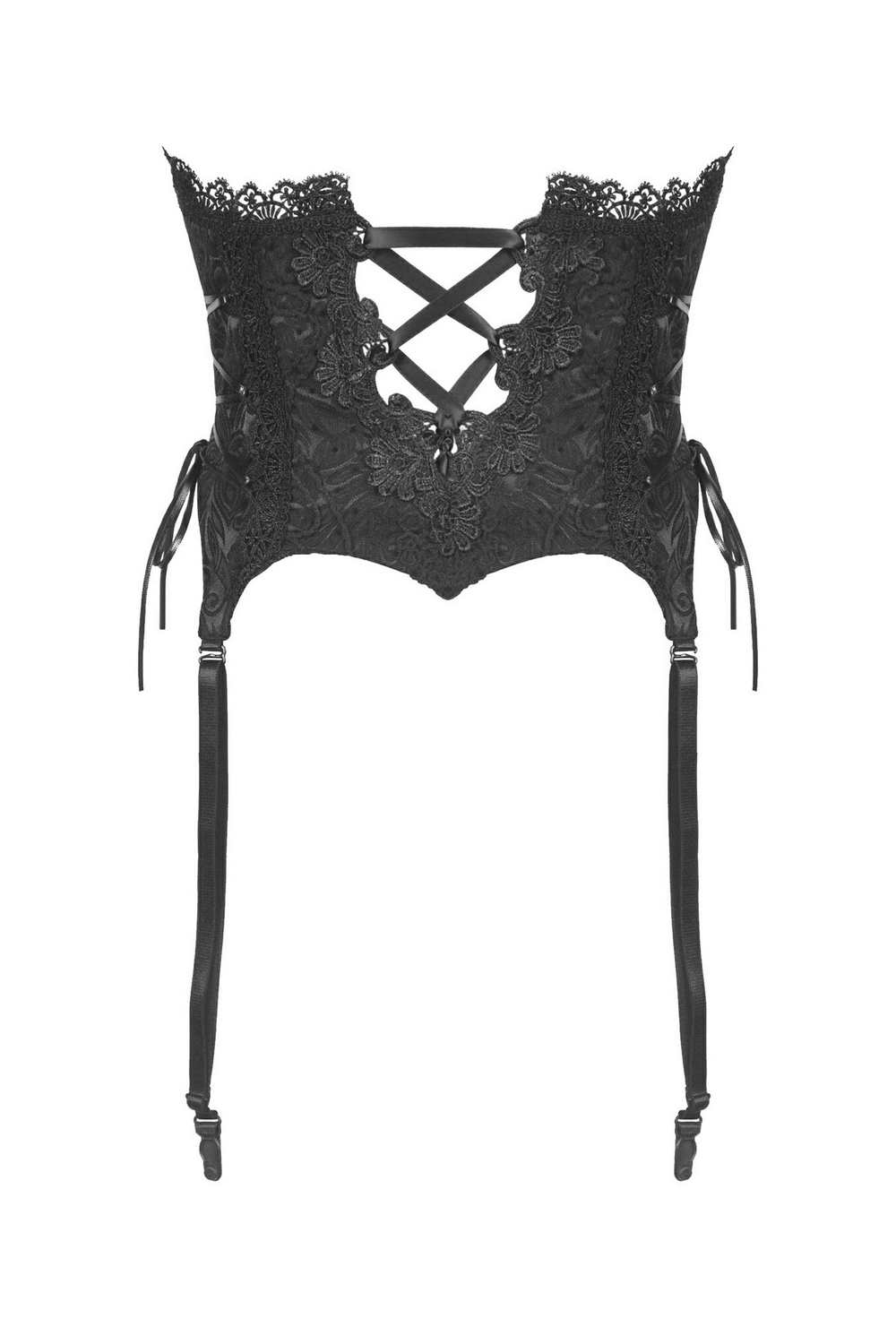Gothic Luxe black lace underbust corset with garters, featuring a delicate lace overlay and adjustable fit.