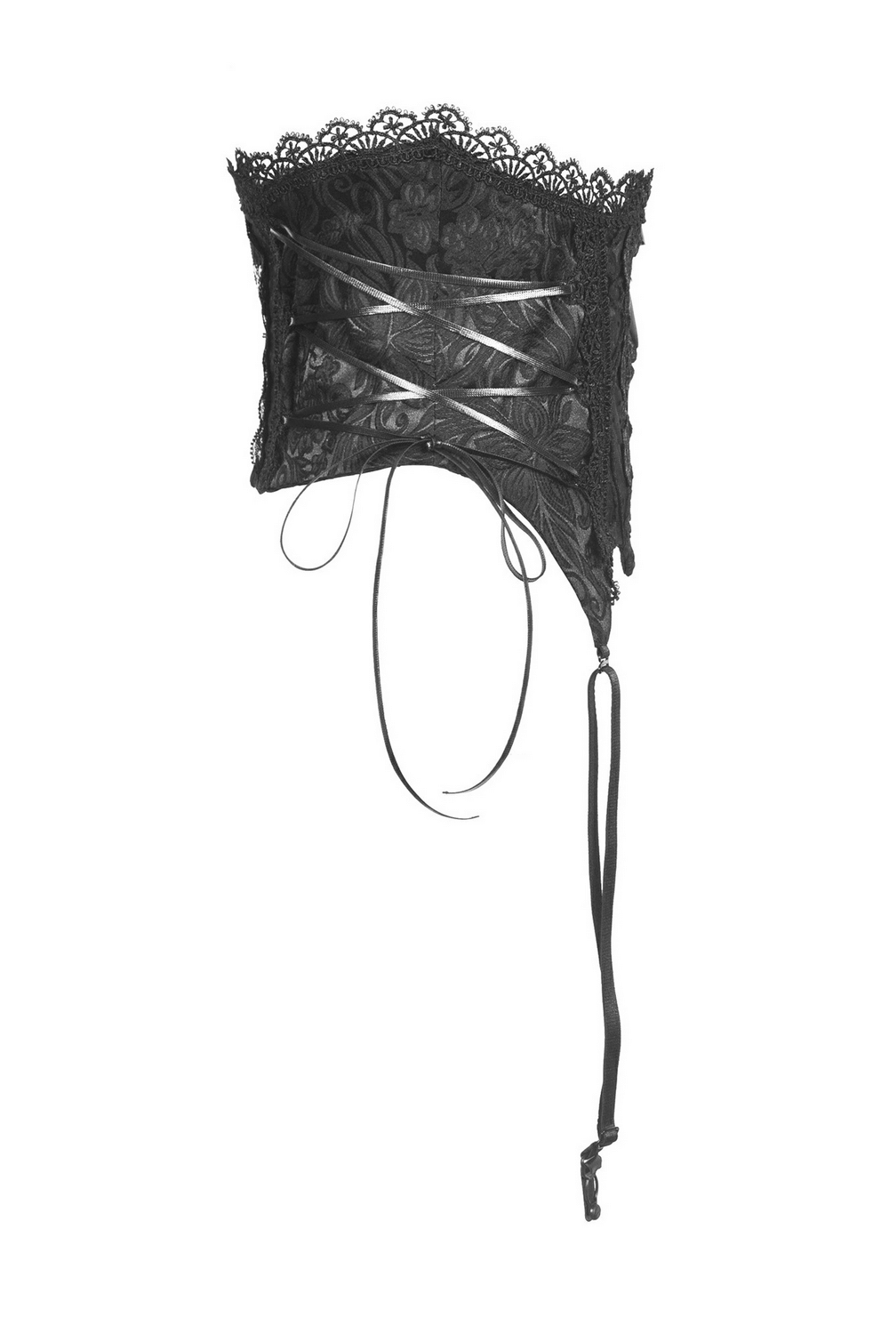 Gothic luxe black lace underbust corset with adjustable garters for a seductive silhouette.