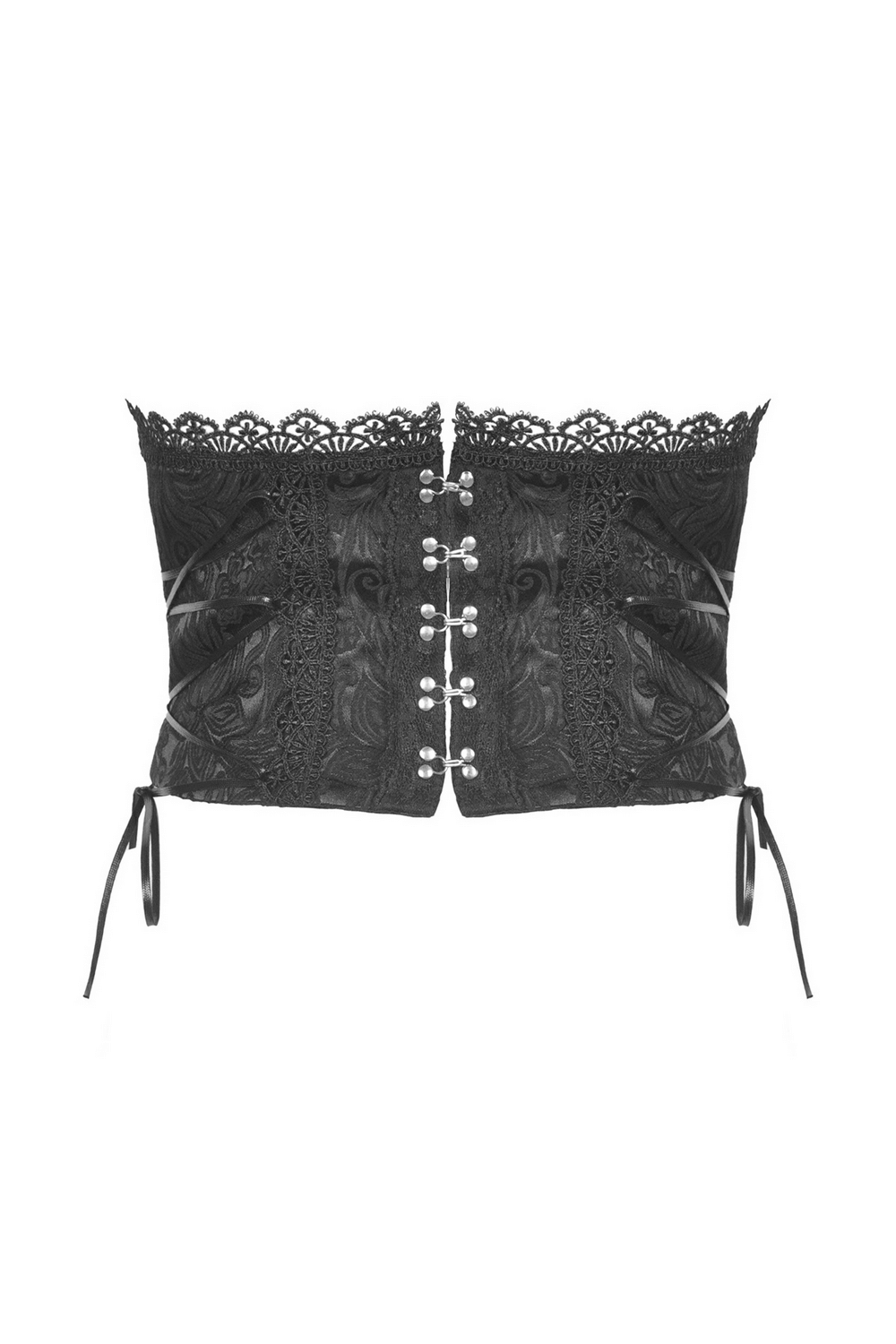 Gothic Luxe black lace underbust corset with garters featuring a delicate overlay and adjustable ties.