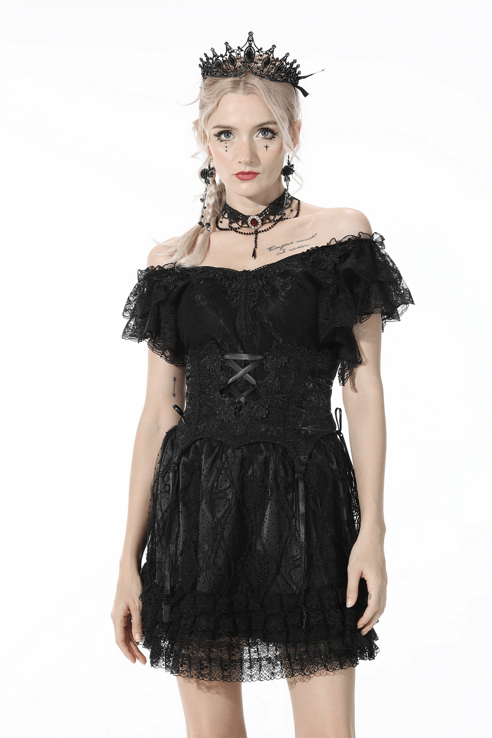 Gothic black lace corset dress with ruffles and crown, perfect for a captivating seductive look.