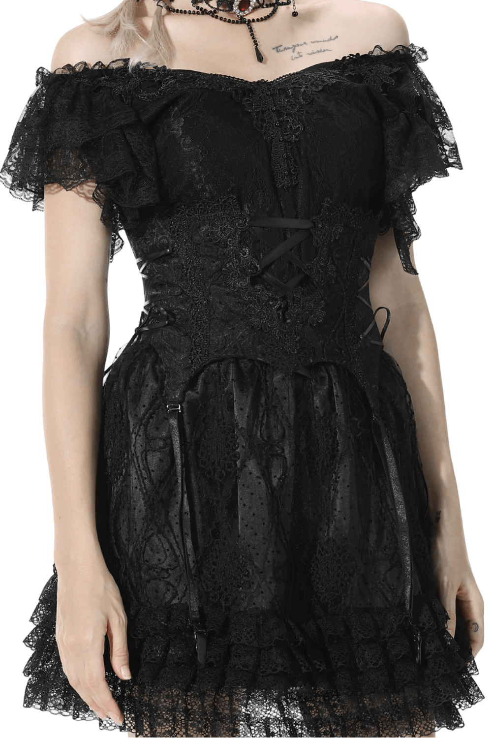 Black lace underbust corset dress with garters, featuring ruffled sleeves and intricate detail, perfect for a seductive look.