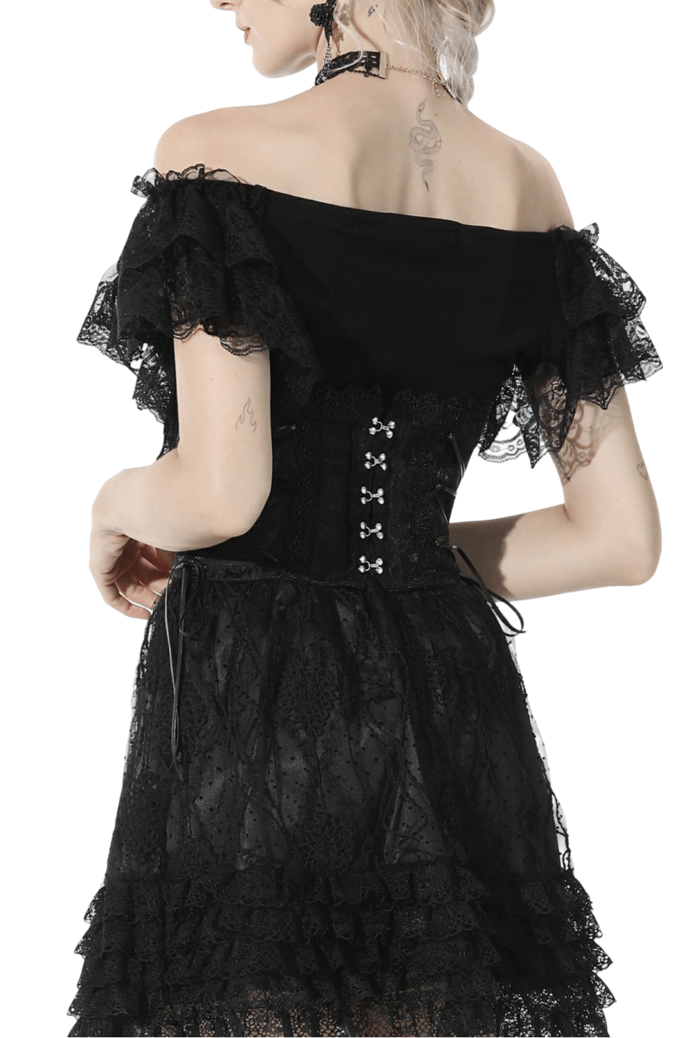 Back view of a black lace corset with garters, featuring ruffled sleeves and intricate lace details.