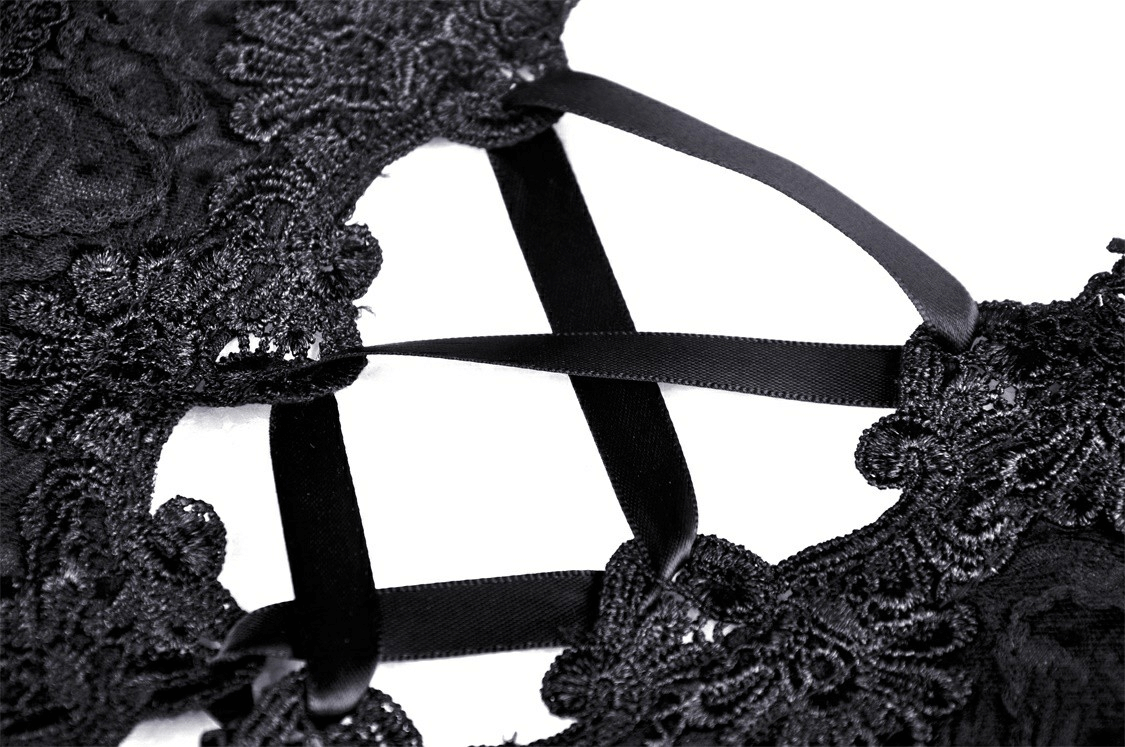 Intricate black lace corset with adjustable satin garters and floral detailing, perfect for a seductive look.