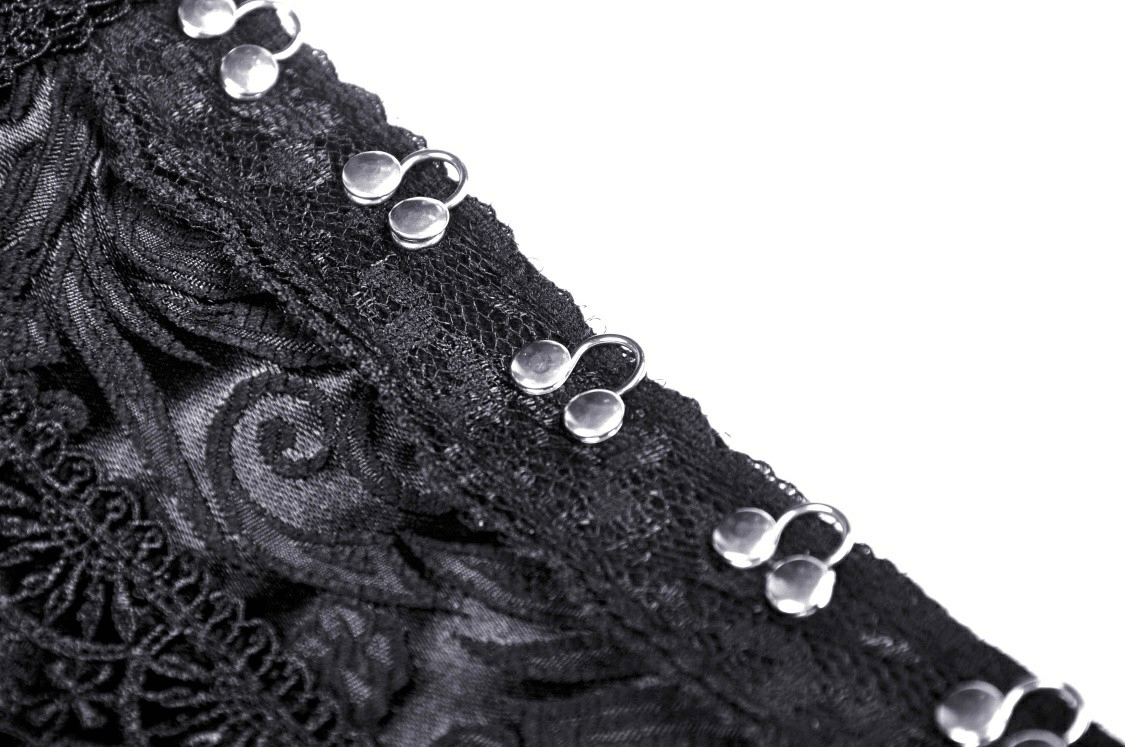 Close-up of elegant black lace corset detailing with shiny clasps and intricate patterns.