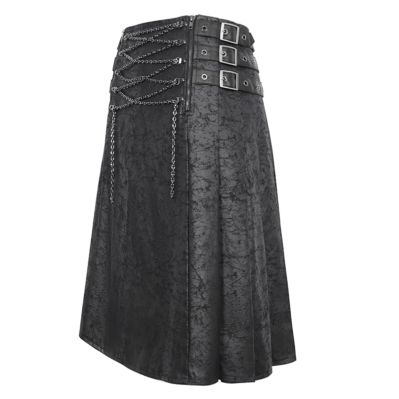 Gothic men's black kilt with chain detail and utility wrap style, ideal for edgy fashion enthusiasts.