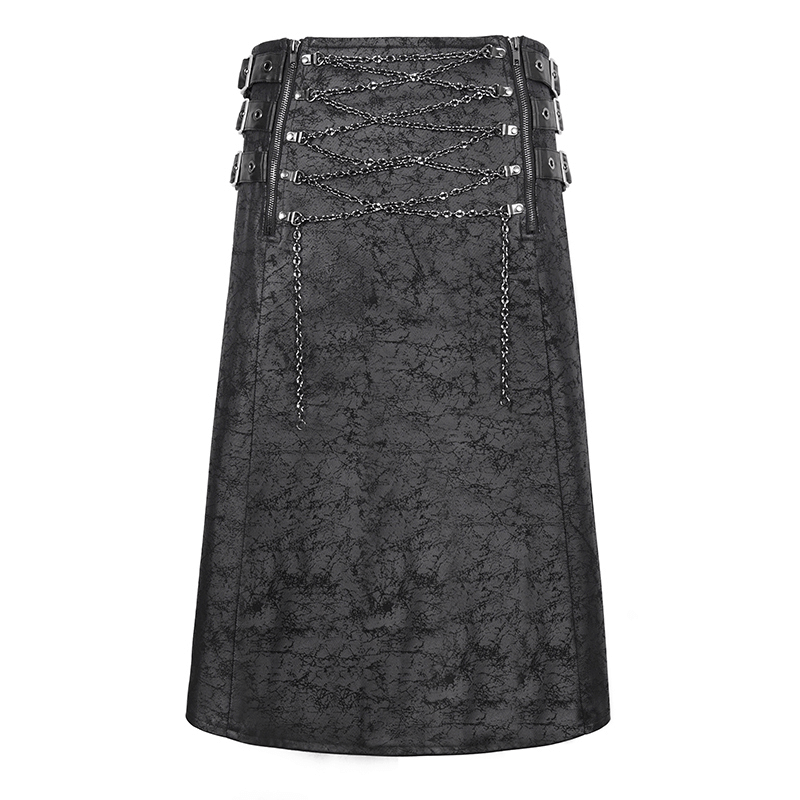 Gothic male black kilt with chain detailing and utility wrap style. Perfect for bold fashion statements.