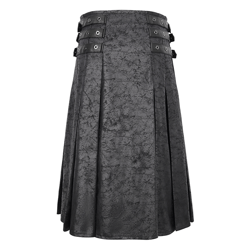 Gothic male black kilt with chain detail, featuring a unique utility wrap design and stylish pleats.