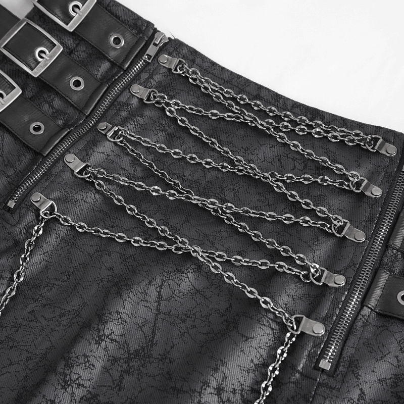 Close-up of the Midnight Rebel gothic black kilt featuring chain details and unique zippered design.