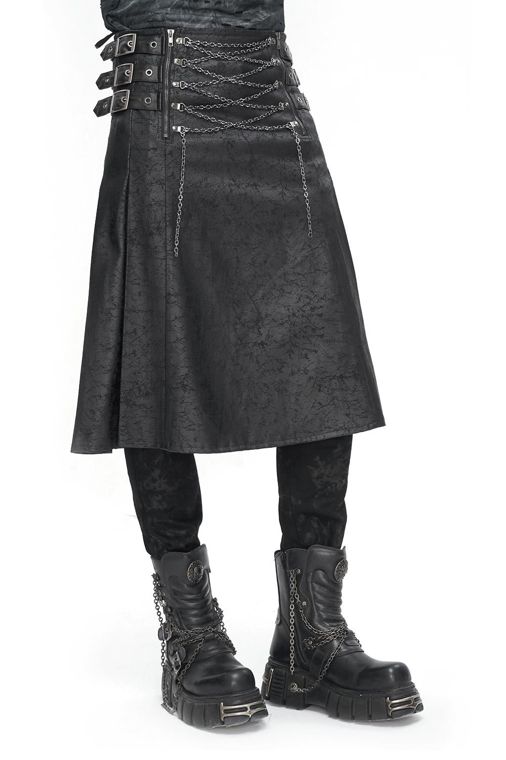 Gothic male black utility wrap kilt with chain detail, paired with chunky boots for a bold, edgy look.