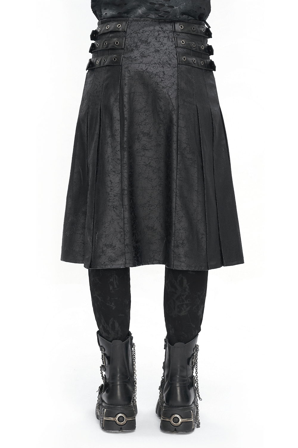 Back view of a men's gothic black kilt with chain detail and pleats, showcasing edgy utility wrap style.