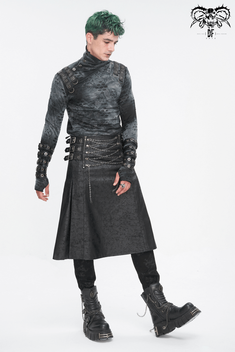 Gothic Male Black Kilt with Chain - Utility Wrap Style Skirt - HARD'N'HEAVY