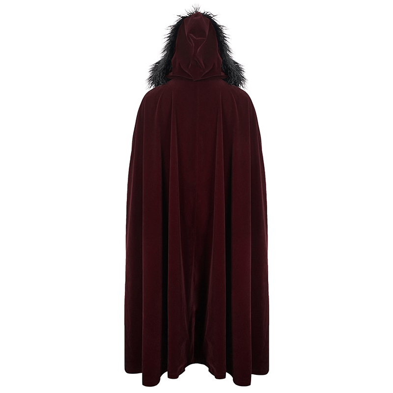 Gothic Male Coat With Buttons & Lace On The Chest / Warm Wine Red Long Cloak With Hooded Faux Fur - HARD'N'HEAVY