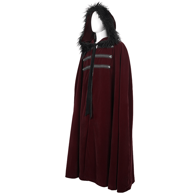 Gothic Male Coat With Buttons & Lace On The Chest / Warm Wine Red Long Cloak With Hooded Faux Fur - HARD'N'HEAVY