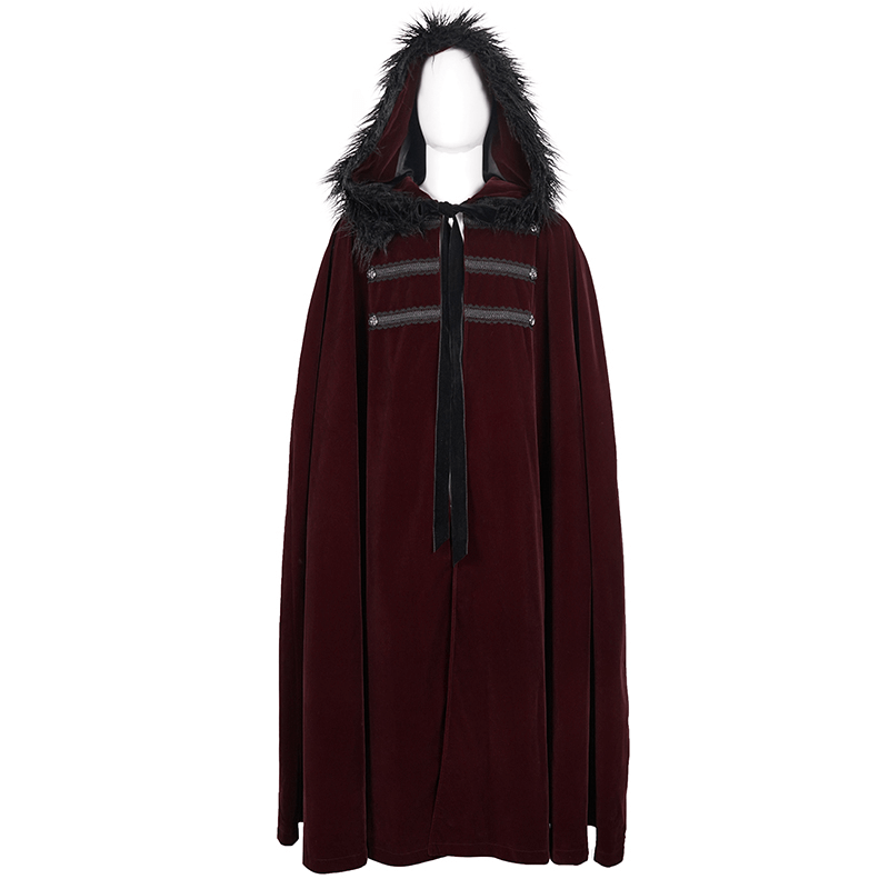 Gothic Male Coat With Buttons & Lace On The Chest / Warm Wine Red Long Cloak With Hooded Faux Fur - HARD'N'HEAVY