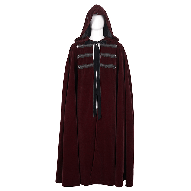 Gothic Male Coat With Buttons & Lace On The Chest / Warm Wine Red Long Cloak With Hooded Faux Fur - HARD'N'HEAVY