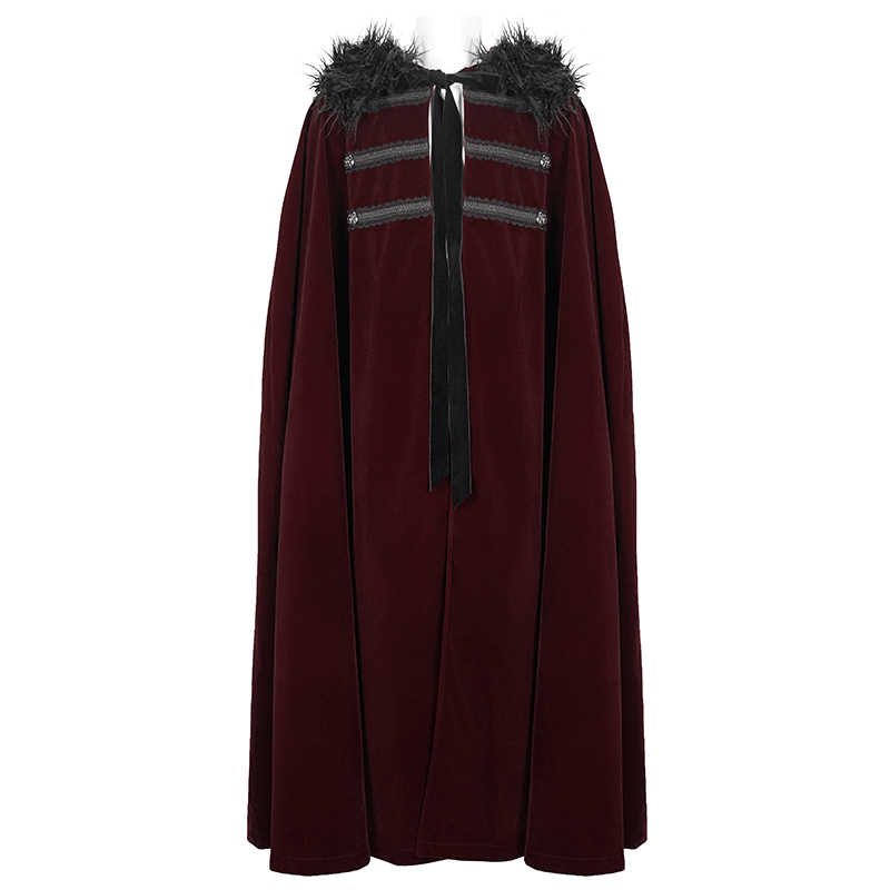 Gothic Male Coat With Buttons & Lace On The Chest / Warm Wine Red Long Cloak With Hooded Faux Fur - HARD'N'HEAVY