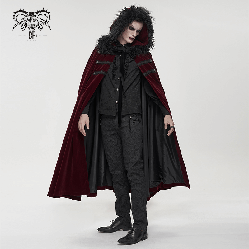 Gothic Male Coat With Buttons & Lace On The Chest / Warm Wine Red Long Cloak With Hooded Faux Fur - HARD'N'HEAVY