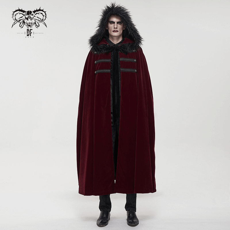 Gothic Male Coat With Buttons & Lace On The Chest / Warm Wine Red Long Cloak With Hooded Faux Fur - HARD'N'HEAVY