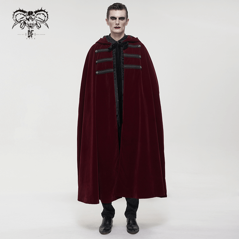 Gothic Male Coat With Buttons & Lace On The Chest / Warm Wine Red Long Cloak With Hooded Faux Fur - HARD'N'HEAVY