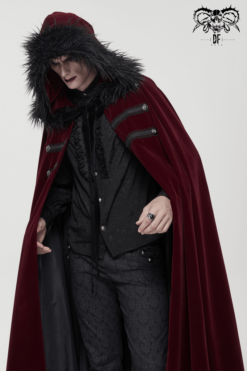 Gothic Male Coat With Buttons & Lace On The Chest / Warm Wine Red Long Cloak With Hooded Faux Fur - HARD'N'HEAVY