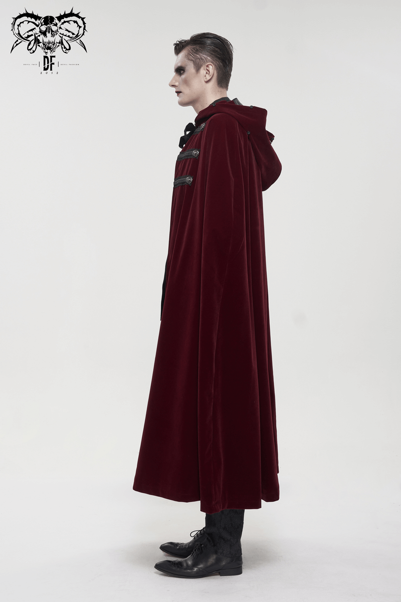 Gothic Male Coat With Buttons & Lace On The Chest / Warm Wine Red Long Cloak With Hooded Faux Fur - HARD'N'HEAVY