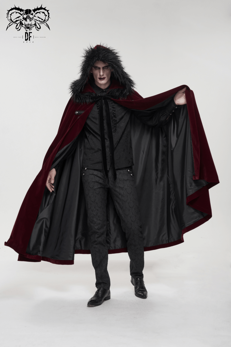 Gothic Male Coat With Buttons & Lace On The Chest / Warm Wine Red Long Cloak With Hooded Faux Fur - HARD'N'HEAVY