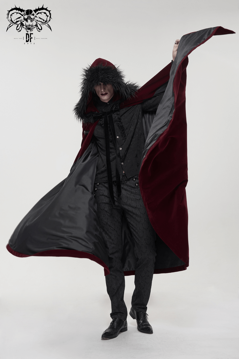 Gothic Male Coat With Buttons & Lace On The Chest / Warm Wine Red Long Cloak With Hooded Faux Fur - HARD'N'HEAVY