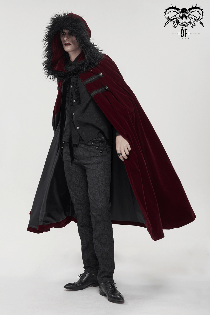 Gothic Male Coat With Buttons & Lace On The Chest / Warm Wine Red Long Cloak With Hooded Faux Fur - HARD'N'HEAVY