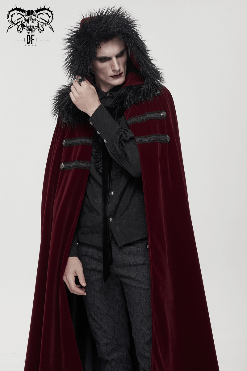 Gothic Male Coat With Buttons & Lace On The Chest / Warm Wine Red Long Cloak With Hooded Faux Fur - HARD'N'HEAVY