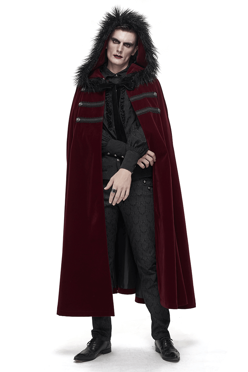 Gothic Male Coat With Buttons & Lace On The Chest / Warm Wine Red Long Cloak With Hooded Faux Fur - HARD'N'HEAVY