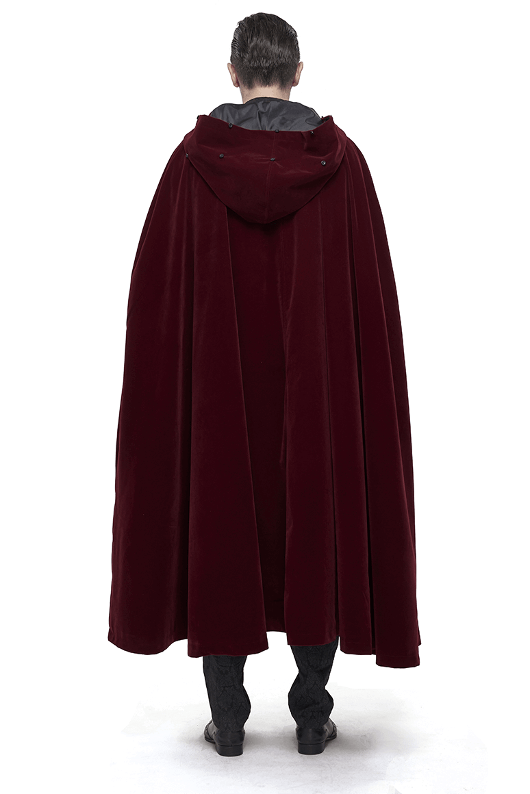 Gothic Male Coat With Buttons & Lace On The Chest / Warm Wine Red Long Cloak With Hooded Faux Fur - HARD'N'HEAVY