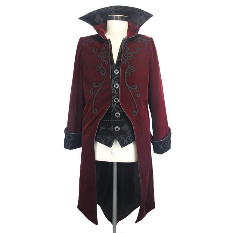 Gothic Male Coat with Stand Collar / Steampunk Men's Wine Red Velvet Tailcoats - HARD'N'HEAVY