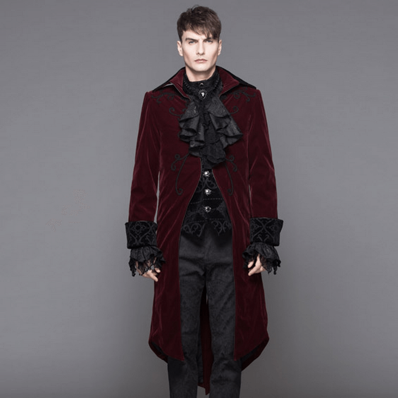 Gothic Male Coat with Stand Collar / Steampunk Men's Wine Red Velvet Tailcoats - HARD'N'HEAVY